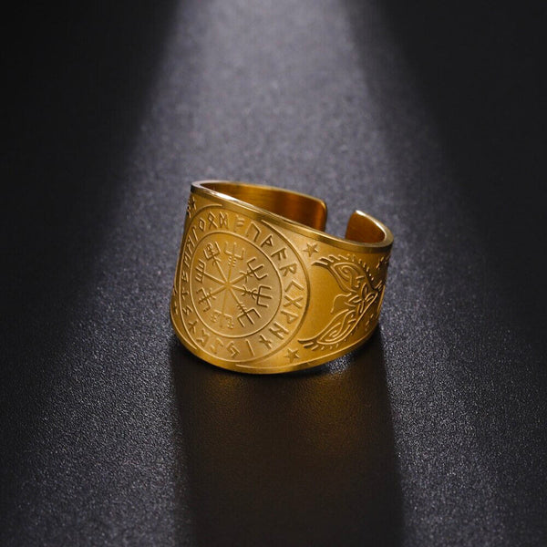 Kkjoy Bague Large Viking Vegvisir 24 Runes Acier Inoxydable - Anneau Mythologie Nordique Corbeau Odin