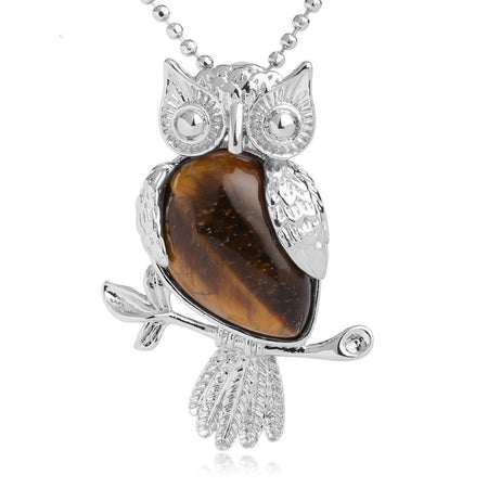 bijou collier pendentif hibou pierre oeil de tigre