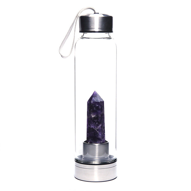 gourde bouteille eau verre pierre cristal amethyste