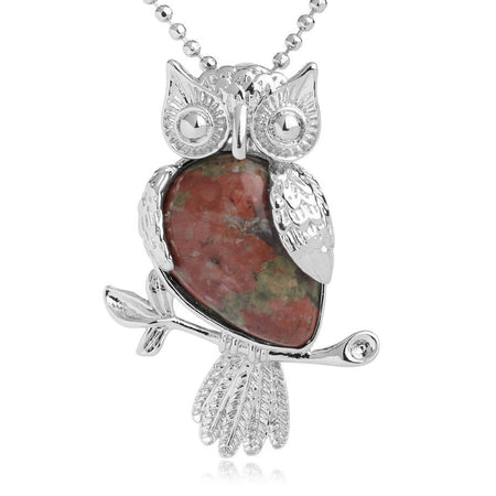 bijou collier pendentif hibou pierre unakite
