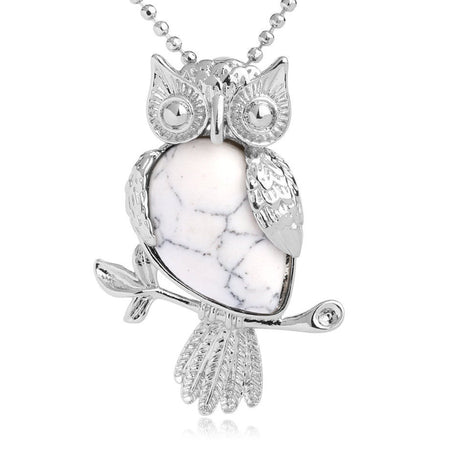 bijou collier pendentif hibou pierre turquoise blanche