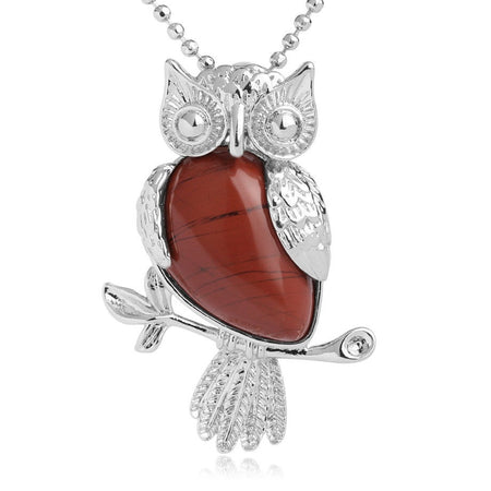 bijou collier pendentif hibou pierre jaspe rouge