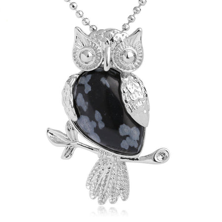 bijou collier pendentif hibou pierre obsidienne neige