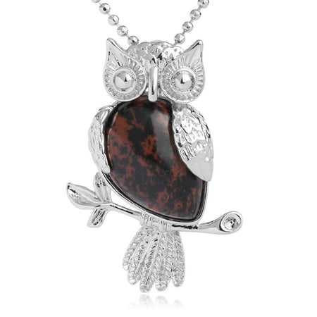 bijou collier pendentif hibou pierre obsidienne acajou