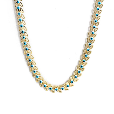 collier amulette oeil bleu grec turc feuille or