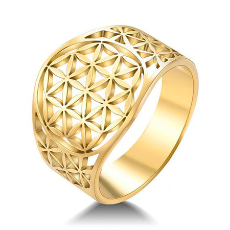 bague fleur de vie acier or