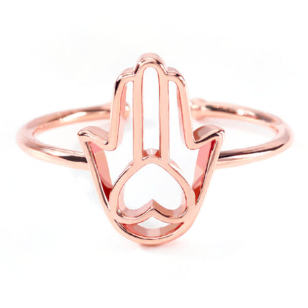 bague reglable main de fatma khamsa coeur acier or rose