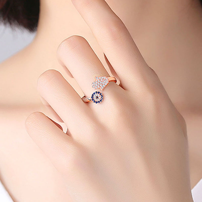 Bague oeil bleu grec main de Fatma or rose Esoterique Paris