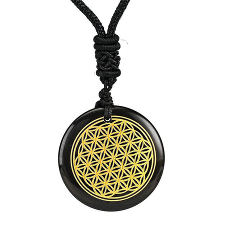 collier pendentif fleur de vie pierre obsidienne noire