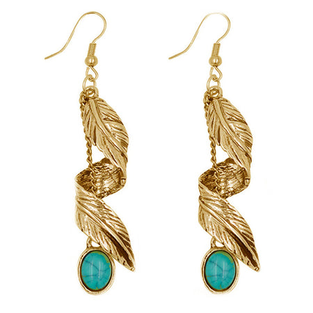 boucles oreilles turquoise feuille or