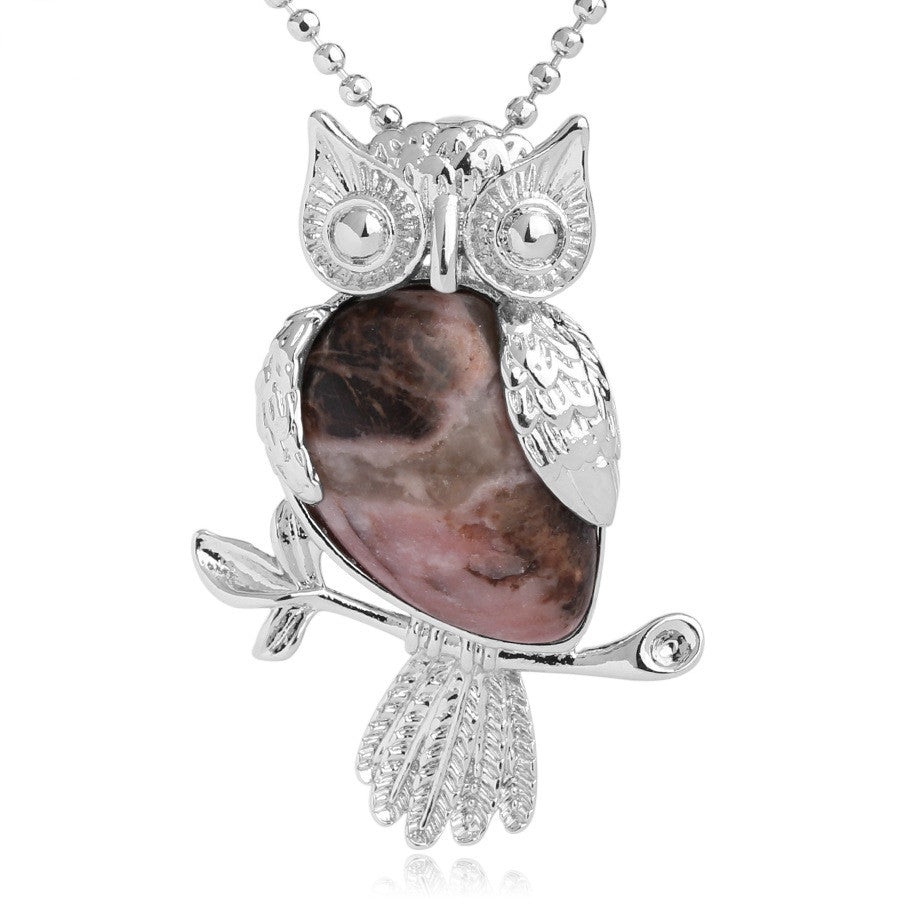 bijou collier pendentif hibou pierre rhodonite