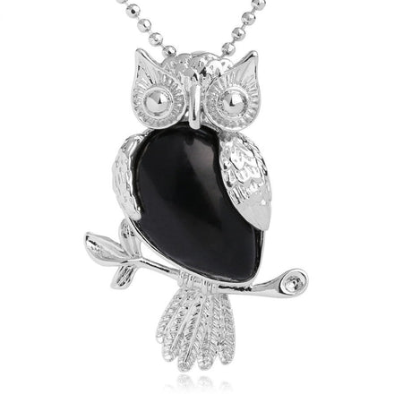 bijou collier pendentif hibou pierre obsidienne noire