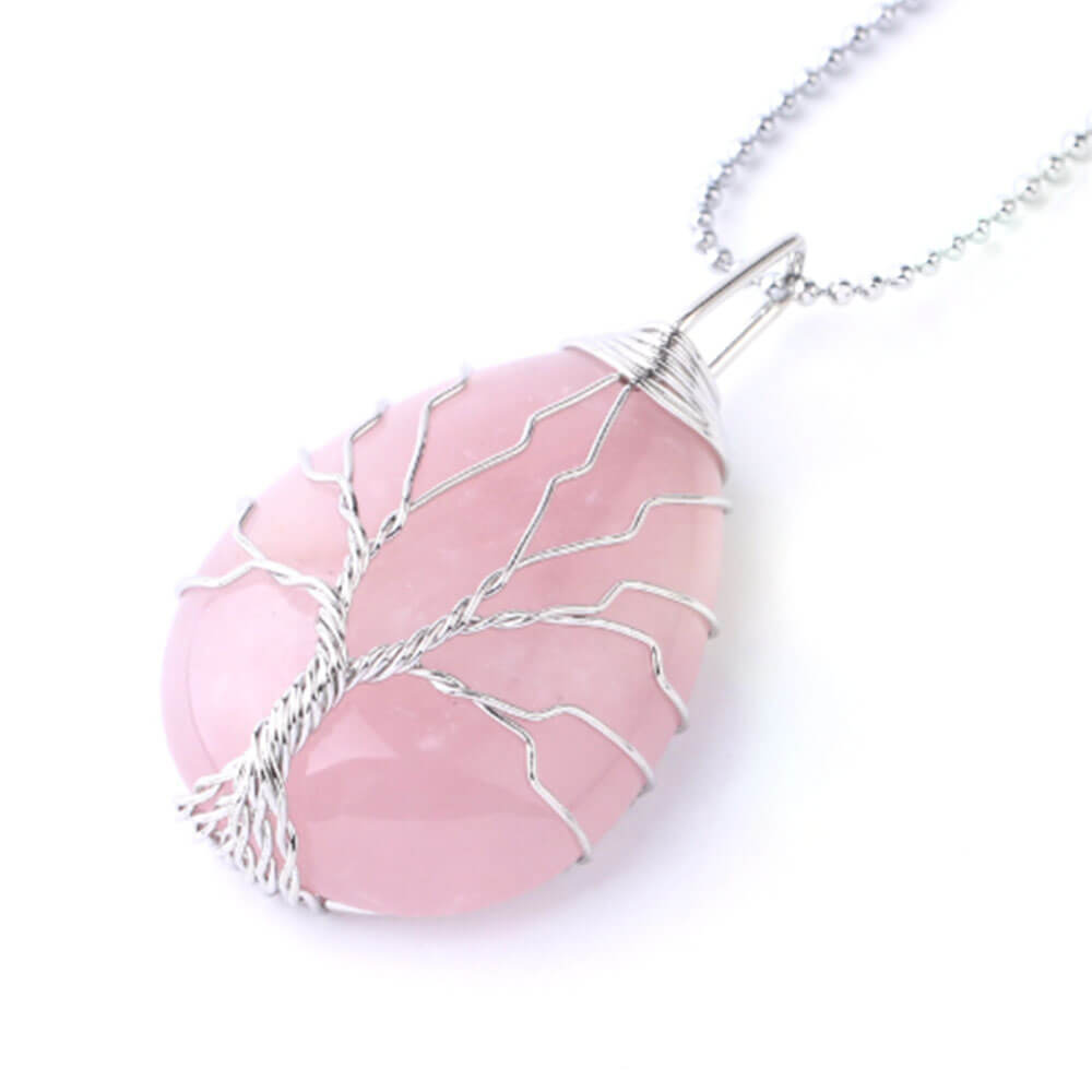 collier pendentif arbre de vie argent quartz rose