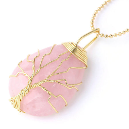 collier pendentif arbre de vie or quartz rose