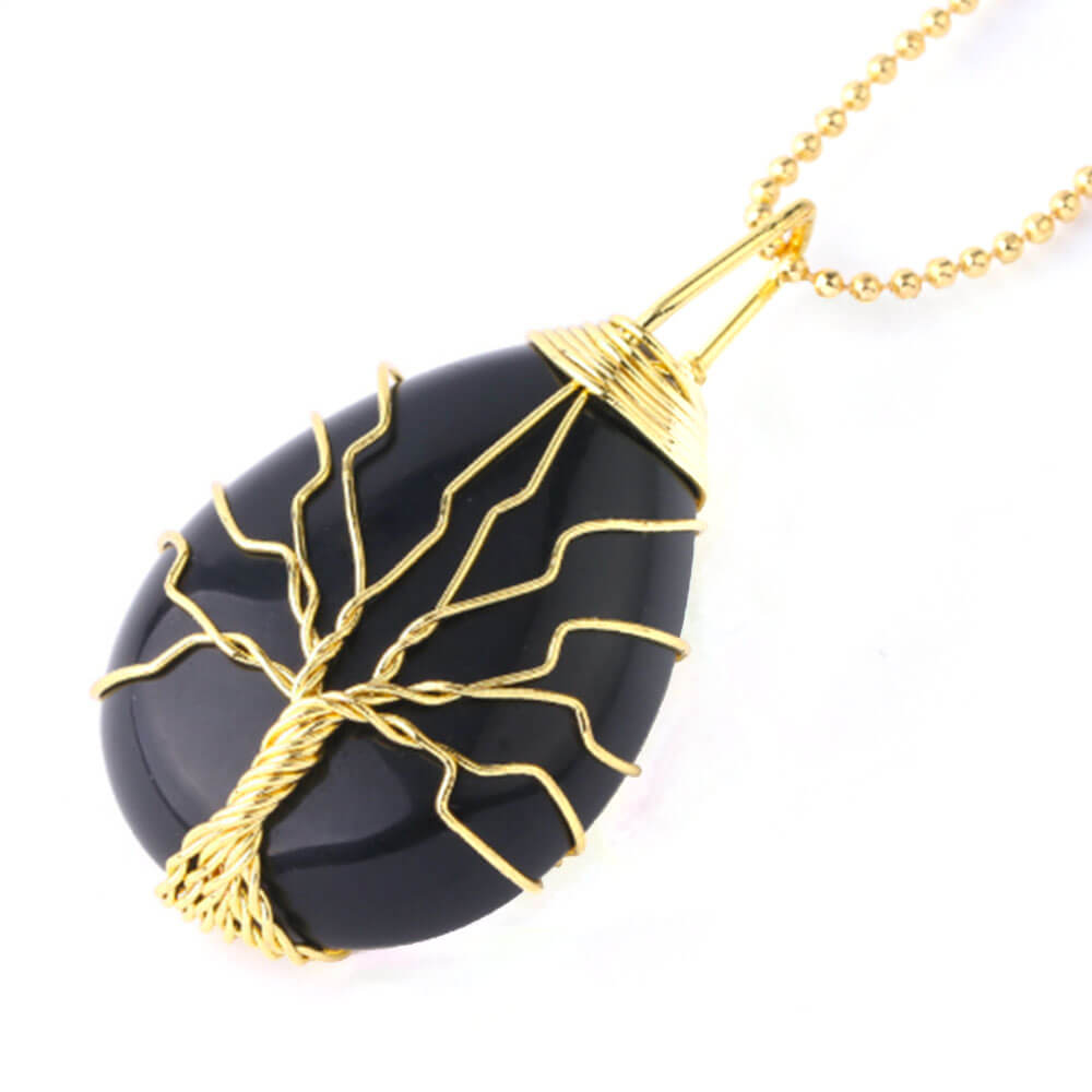 collier pendentif arbre de vie or obsidienne noire
