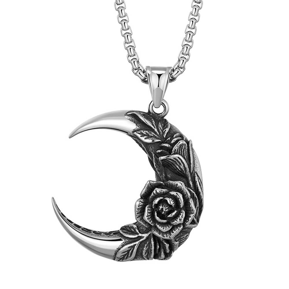 collier pendentif croissant lune fleurs roses argent