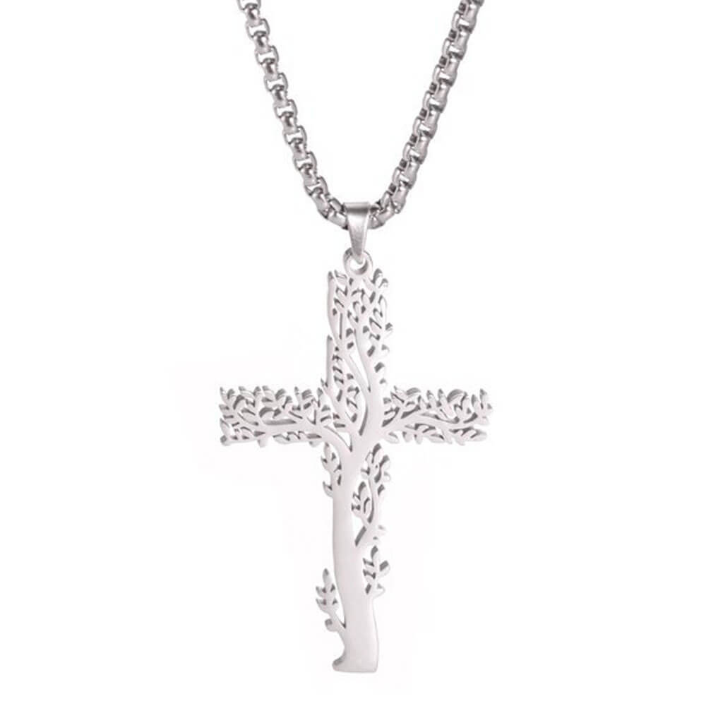 collier pendentif croix chretienne catholique arbre de vie argent