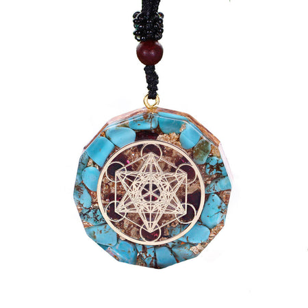 collier pendentif cube de metatron orgonite turquoise