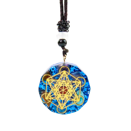 collier pendentif cube de metatron orgonite bleue