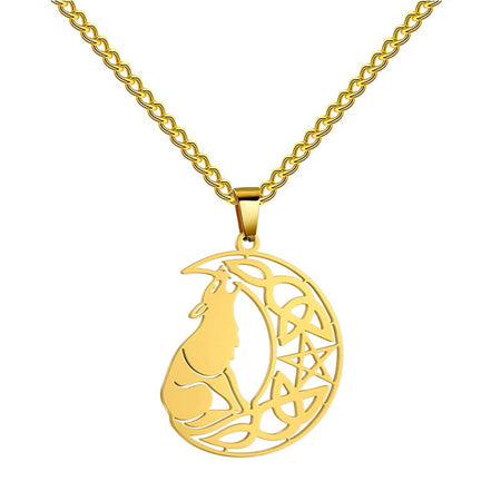 collier pendentif pentacle lune loup or