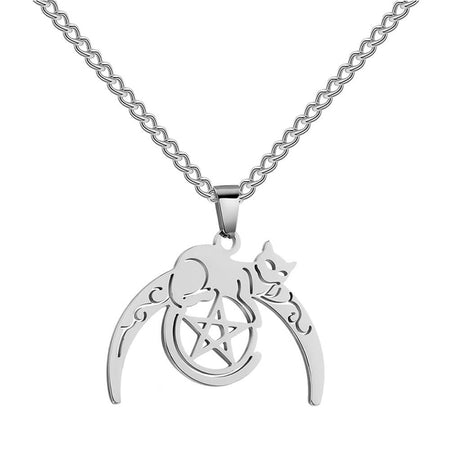 collier pendentif pentacle lune wicca chat argent
