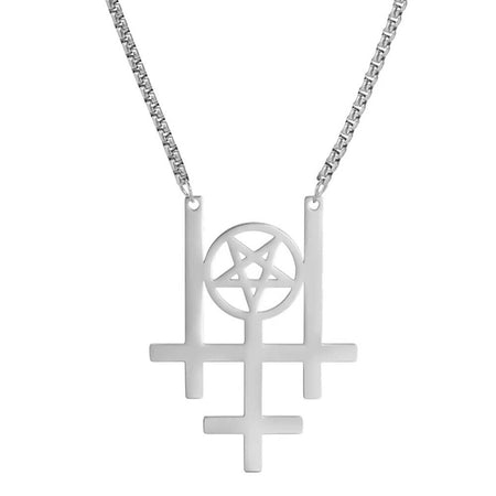 collier pendentif pentacle croix satanique argent