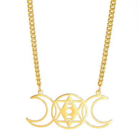collier pendentif pentacle triple lune wicca or