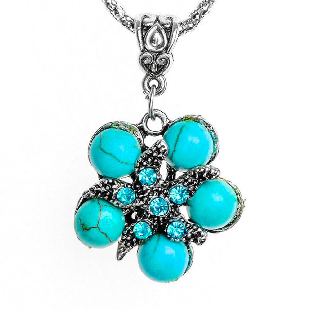 collier pendentif pierre turquoise cristaux fleur