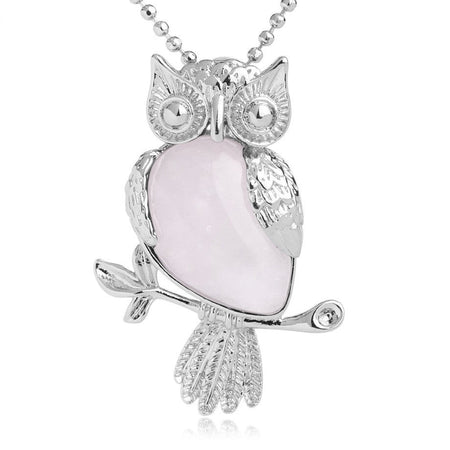 bijou collier pendentif hibou pierre quartz rose