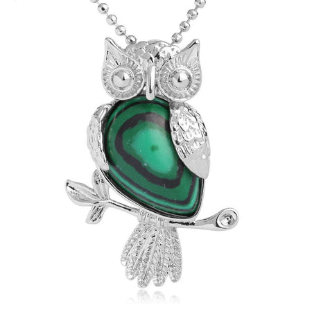 bijou collier pendentif hibou pierre malachite