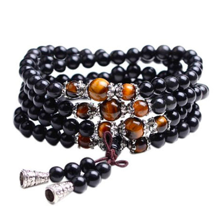 mala tibetain obsidienne noire oeil de tigre